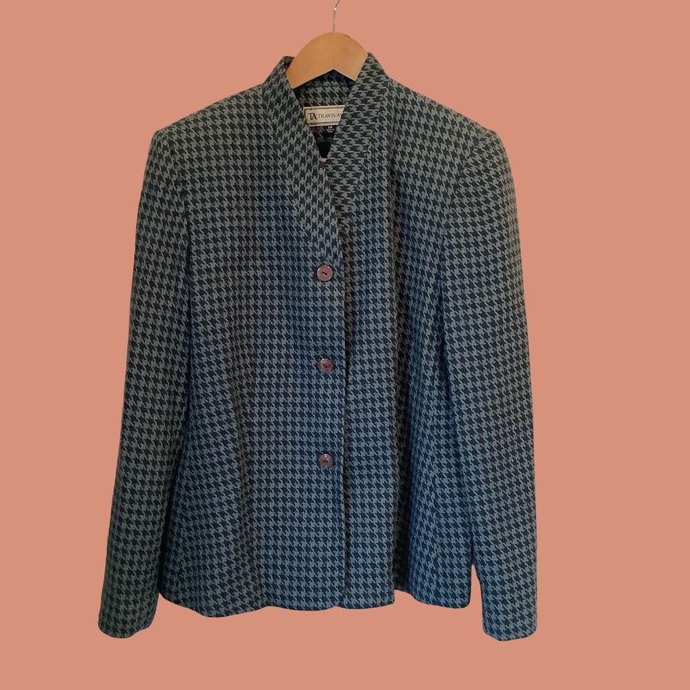 Travis Ayers Vintage 100% Silk Blue Houndstooth Tweed Blazer Jacket Sz 14 Large